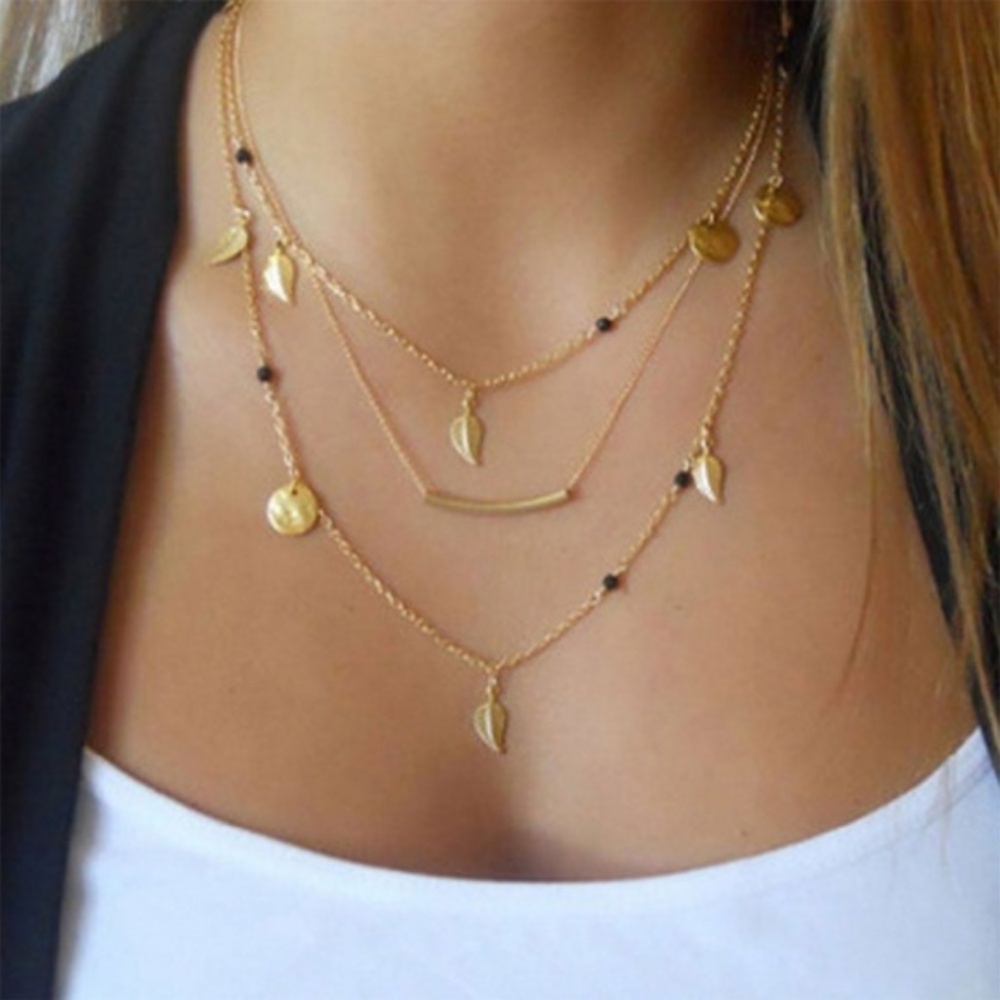 Leafy Gold Coin Layer Chain Black Beaded Necklace - Picture 1 of 6
